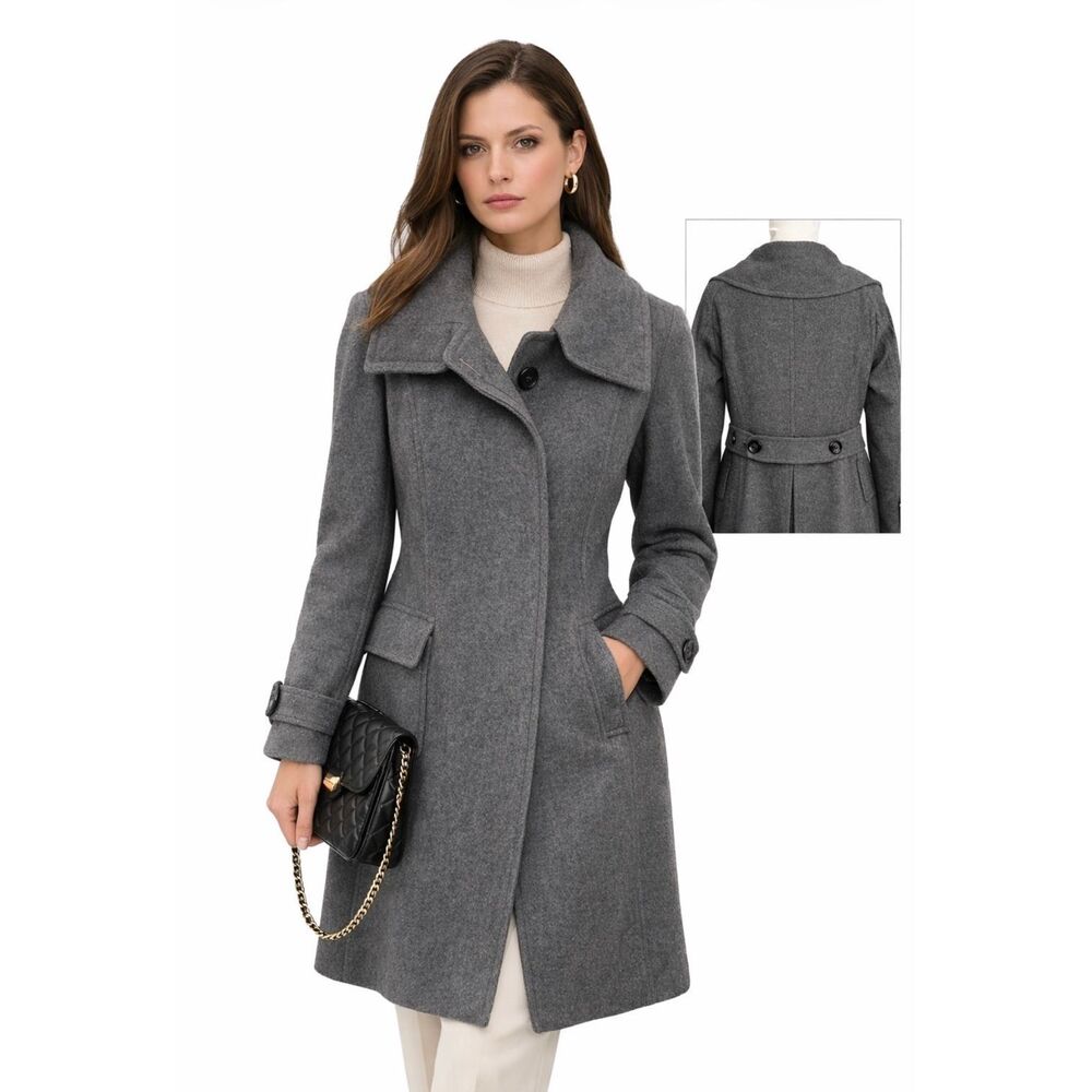 Burberry London Wool Cashmere Coat Gray Long Wrap Collar Back Belt UK 6 US 4